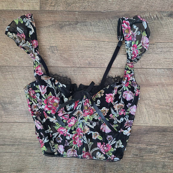 VICTORIA'S SECRET Bustier Corset Y2K Bra 32D‎ Fairy Embroidered Floral Lace - Picture 2 of 12
